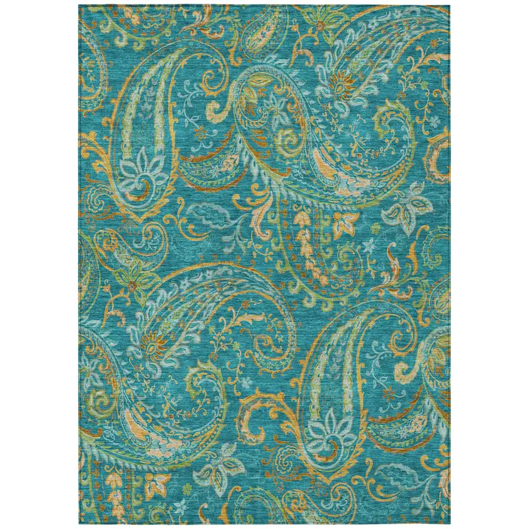3' X 5' Teal Paisley Washable Non Skid Indoor Outdoor Area Rug