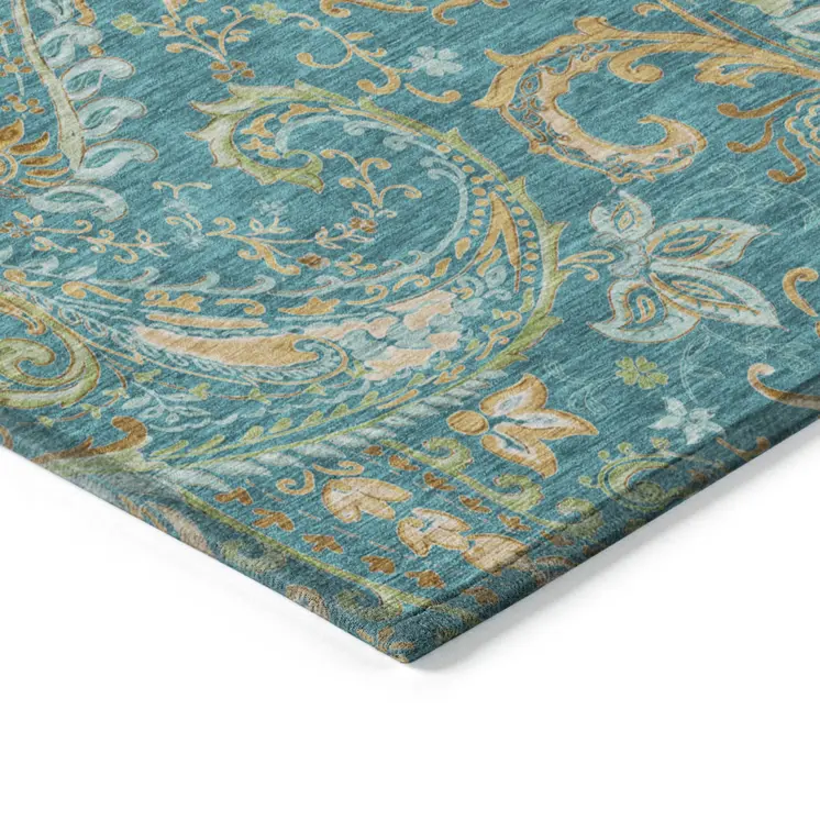 3' X 5' Teal Paisley Washable Non Skid Indoor Outdoor Area Rug