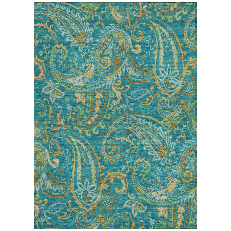3' X 5' Teal Paisley Washable Non Skid Indoor Outdoor Area Rug