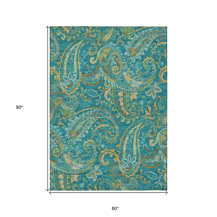 5' X 8' Teal Paisley Washable Non Skid Indoor Outdoor Area Rug