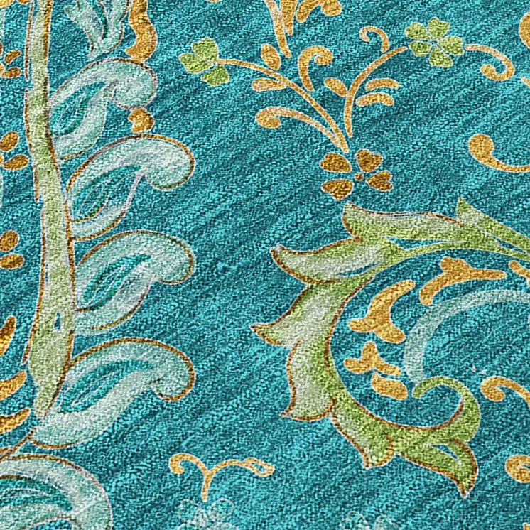 5' X 8' Teal Paisley Washable Non Skid Indoor Outdoor Area Rug
