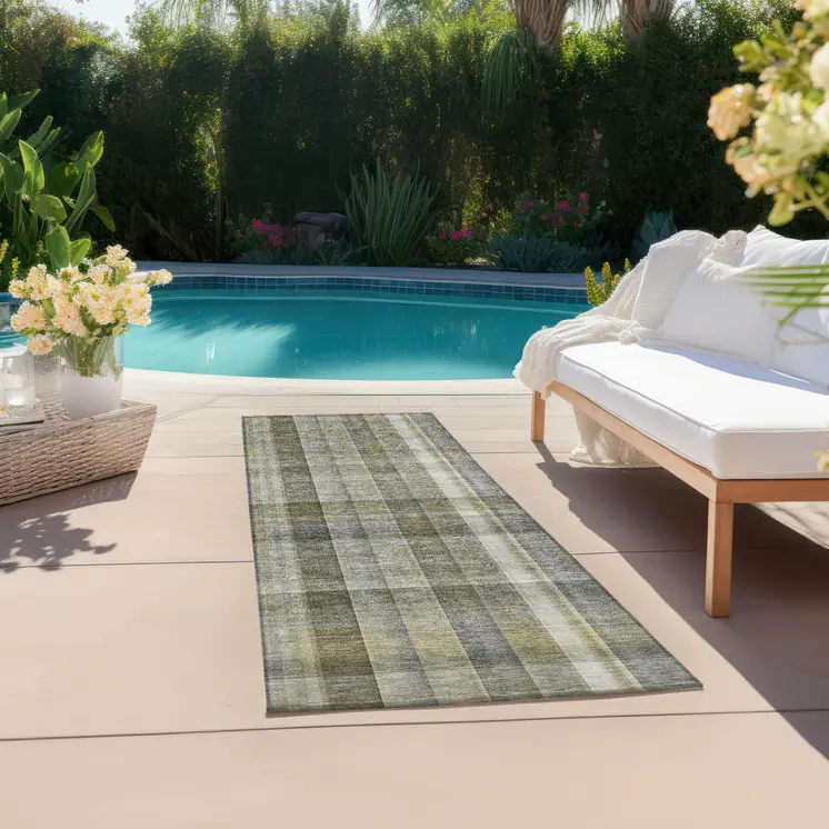 2' X 8' Gray Plaid Washable Non Skid Indoor Outdoor Runner Rug