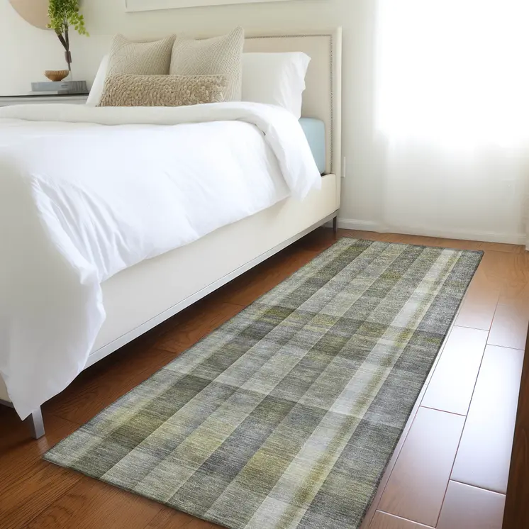 2' X 8' Gray Plaid Washable Non Skid Indoor Outdoor Runner Rug