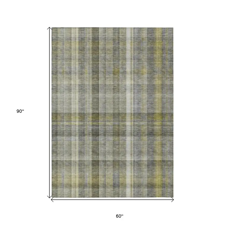 5' X 8' Gray Plaid Washable Non Skid Indoor Outdoor Area Rug