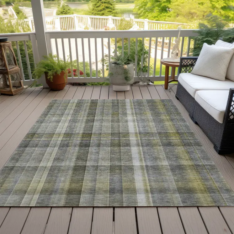 5' X 8' Gray Plaid Washable Non Skid Indoor Outdoor Area Rug
