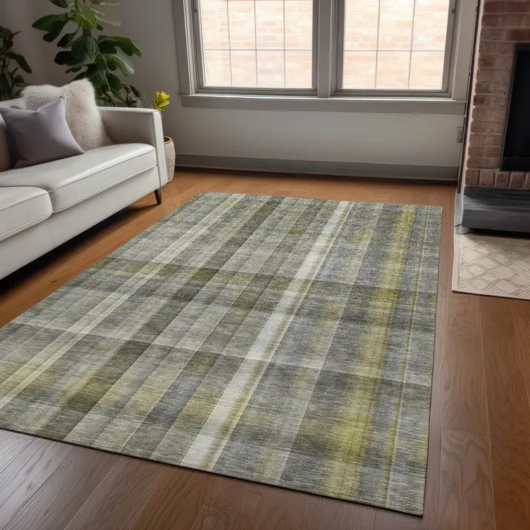 5' X 8' Gray Plaid Washable Non Skid Indoor Outdoor Area Rug