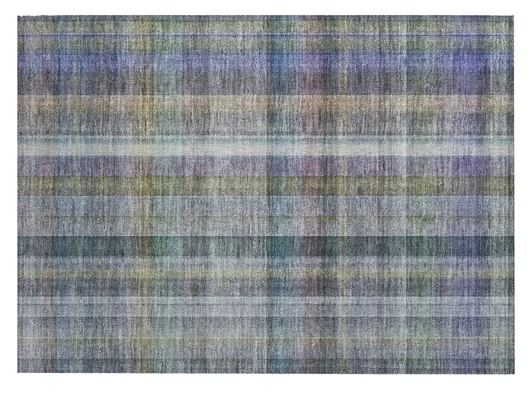 2' X 3' Blue Gray and Green Plaid Washable Non Skid Indoor Outdoor Area Rug