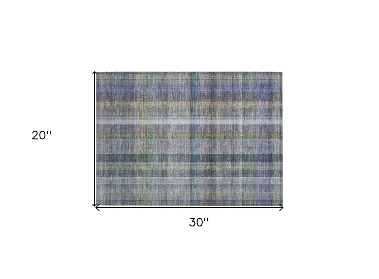 2' X 3' Blue Gray and Green Plaid Washable Non Skid Indoor Outdoor Area Rug