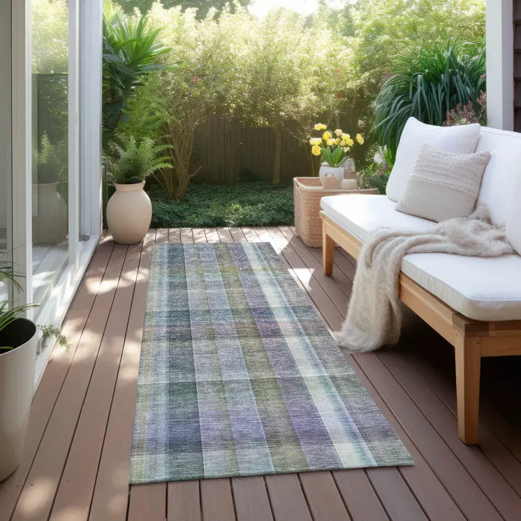 2' X 8' Blue Gray and Green Plaid Washable Non Skid Indoor Outdoor Area Rug