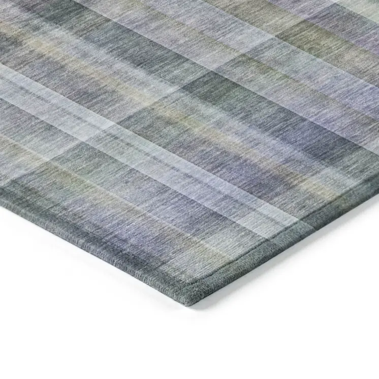2' X 8' Blue Gray and Green Plaid Washable Non Skid Indoor Outdoor Area Rug