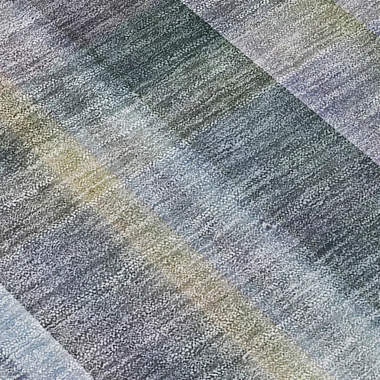 2' X 8' Blue Gray and Green Plaid Washable Non Skid Indoor Outdoor Area Rug