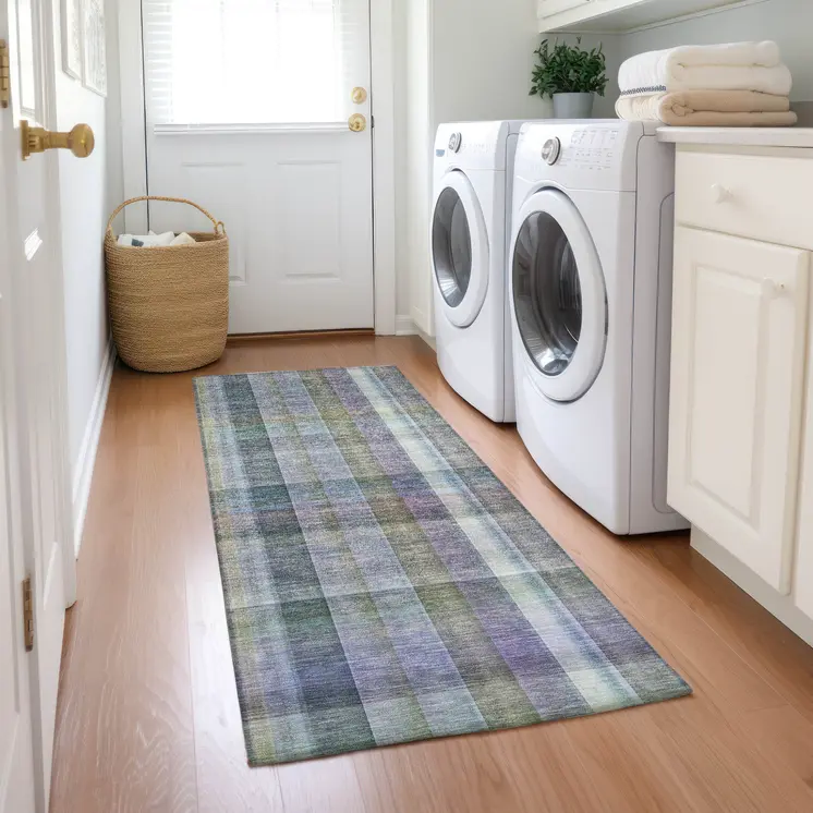 2' X 8' Blue Gray and Green Plaid Washable Non Skid Indoor Outdoor Area Rug