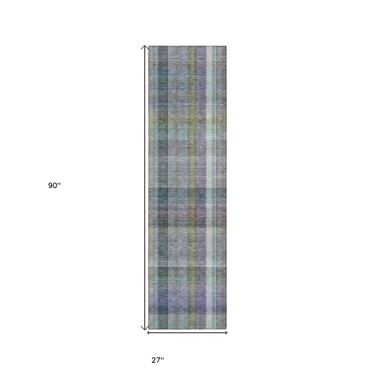 2' X 8' Blue Gray and Green Plaid Washable Non Skid Indoor Outdoor Area Rug