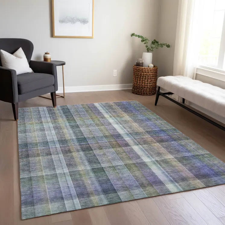 3' X 5' Blue Gray and Green Plaid Washable Non Skid Indoor Outdoor Area Rug