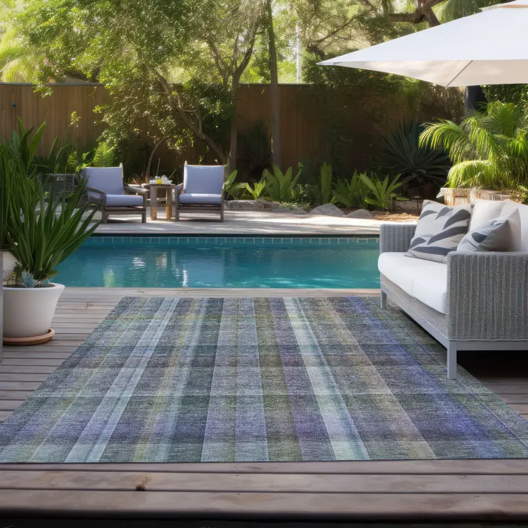 3' X 5' Blue Gray and Green Plaid Washable Non Skid Indoor Outdoor Area Rug