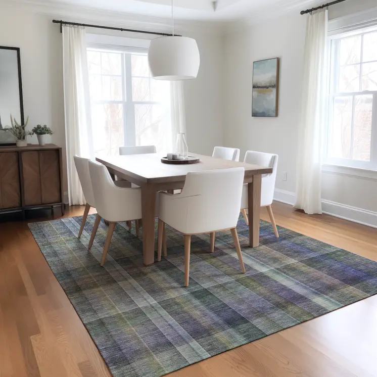9' X 12' Blue Gray and Green Plaid Washable Non Skid Indoor Outdoor Area Rug