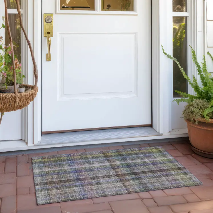 2' X 3' Gray Blue and Green Plaid Washable Non Skid Indoor Outdoor Area Rug