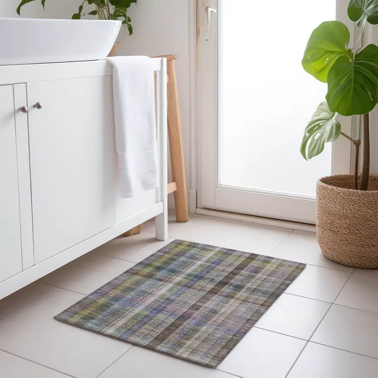 2' X 3' Gray Blue and Green Plaid Washable Non Skid Indoor Outdoor Area Rug