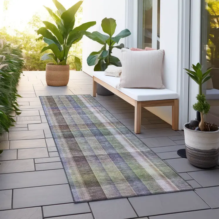 2' X 8' Gray Blue and Green Plaid Washable Non Skid Indoor Outdoor Area Rug