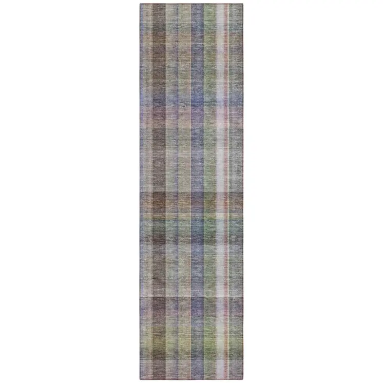 2' X 8' Gray Blue and Green Plaid Washable Non Skid Indoor Outdoor Area Rug