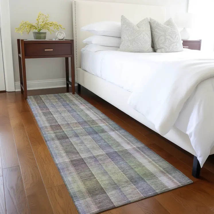 2' X 8' Gray Blue and Green Plaid Washable Non Skid Indoor Outdoor Area Rug