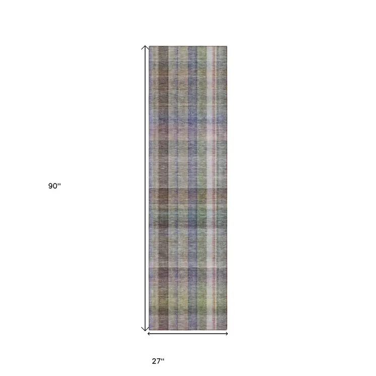 2' X 8' Gray Blue and Green Plaid Washable Non Skid Indoor Outdoor Area Rug