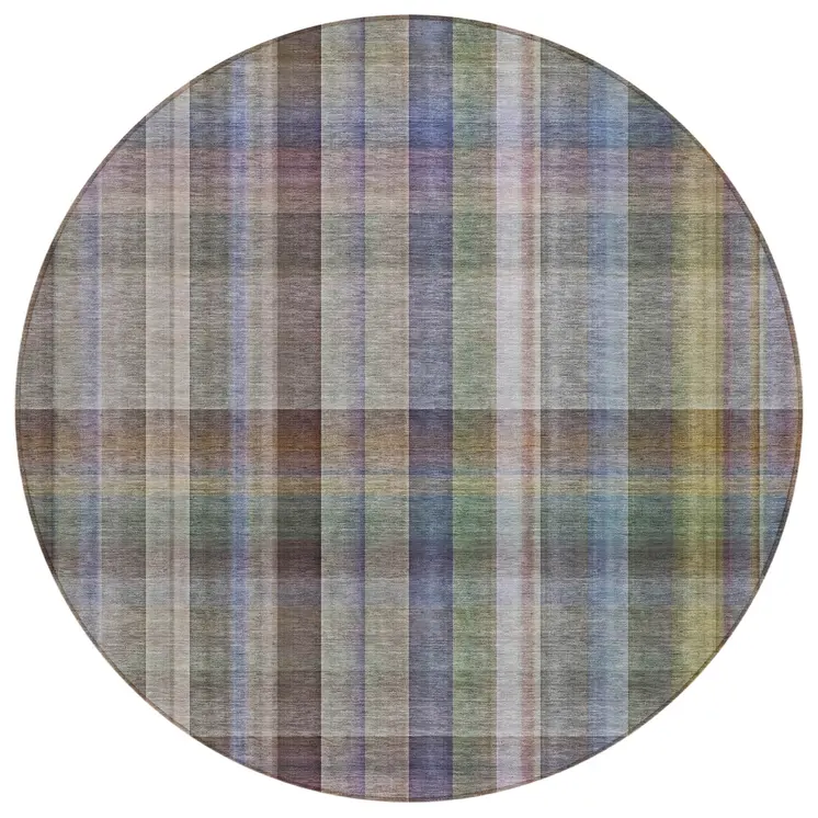 8' Round Gray Round Plaid Washable Non Skid Indoor Outdoor Area Rug