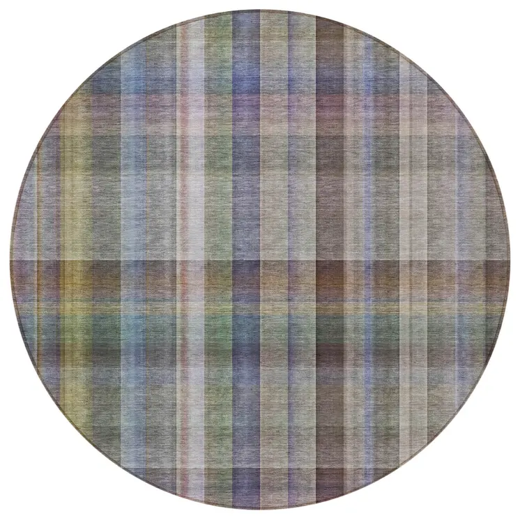 8' Round Gray Round Plaid Washable Non Skid Indoor Outdoor Area Rug