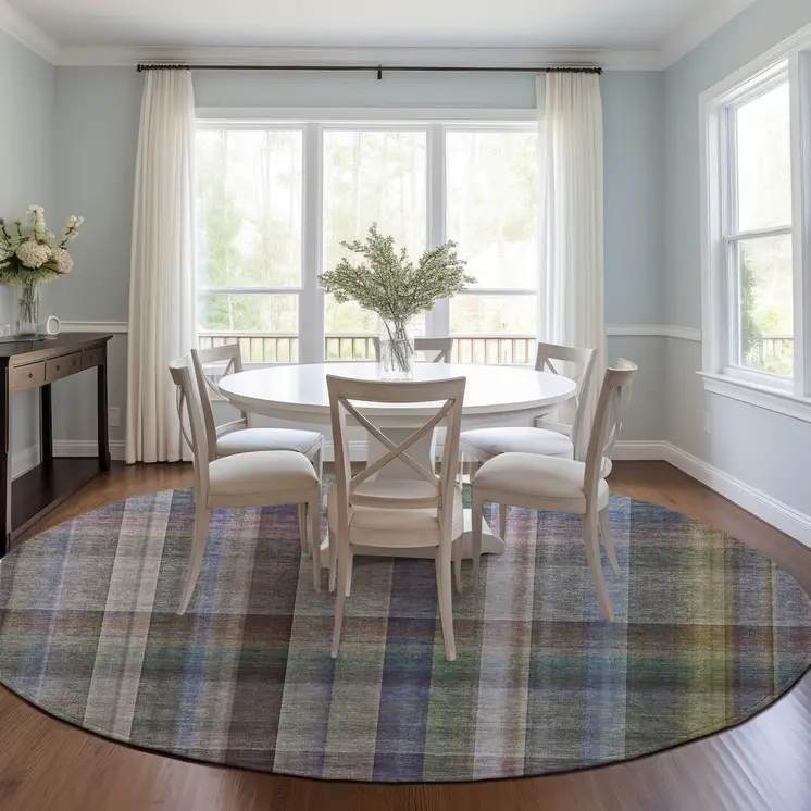 8' Round Gray Round Plaid Washable Non Skid Indoor Outdoor Area Rug