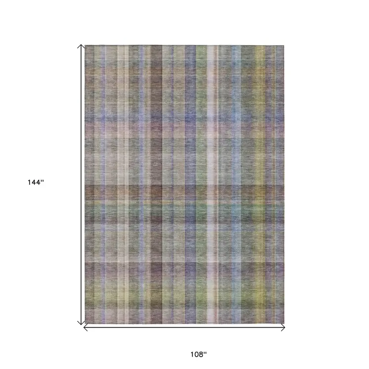 9' X 12' Gray Plaid Washable Non Skid Indoor Outdoor Area Rug