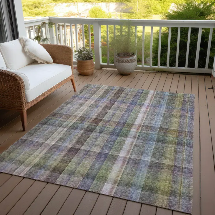 9' X 12' Gray Plaid Washable Non Skid Indoor Outdoor Area Rug