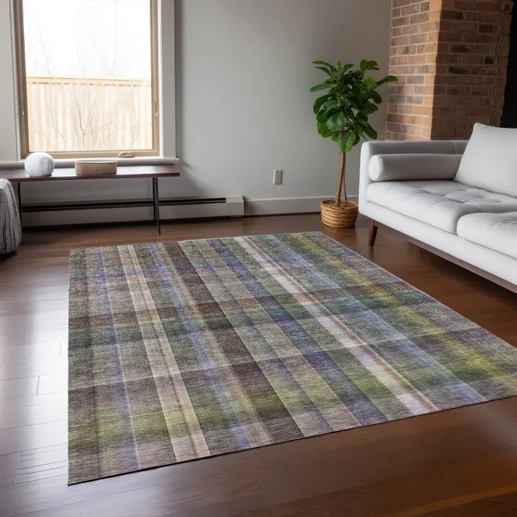 10' X 14' Gray Plaid Washable Non Skid Indoor Outdoor Area Rug