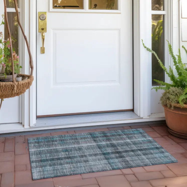 2' X 3' Teal Plaid Washable Non Skid Indoor Outdoor Area Rug