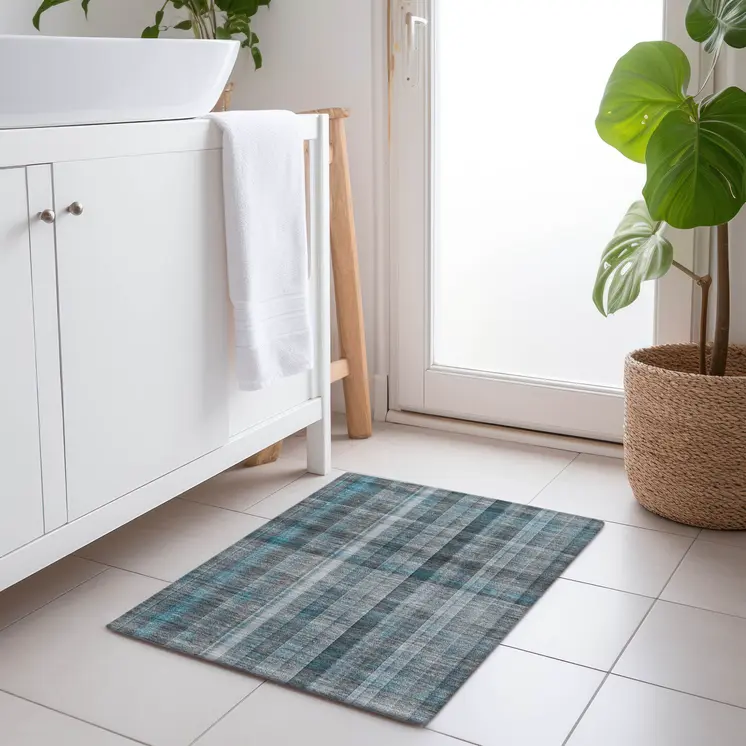 2' X 3' Teal Plaid Washable Non Skid Indoor Outdoor Area Rug