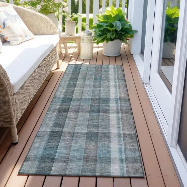 8' Runner Teal Plaid Washable Non Skid Indoor Outdoor Runner Rug