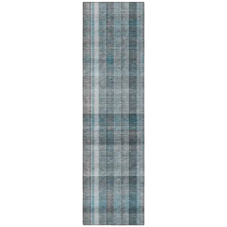 8' Runner Teal Plaid Washable Non Skid Indoor Outdoor Runner Rug