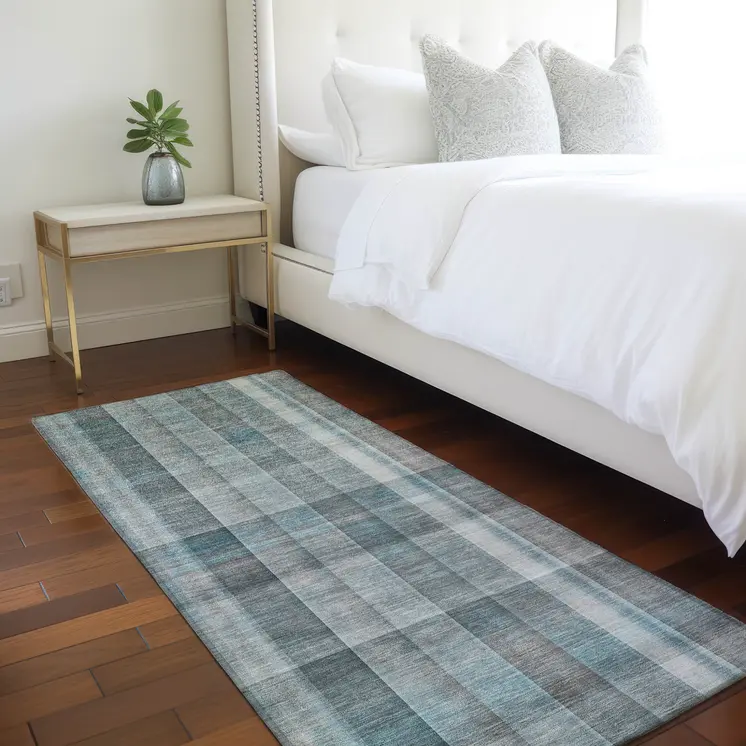 8' Runner Teal Plaid Washable Non Skid Indoor Outdoor Runner Rug