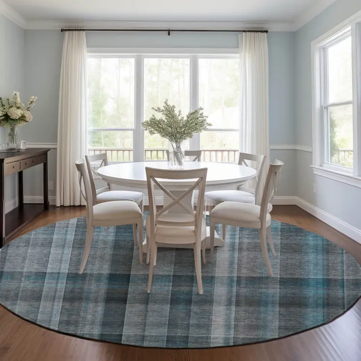 8' Round Teal Round Plaid Washable Non Skid Indoor Outdoor Area Rug