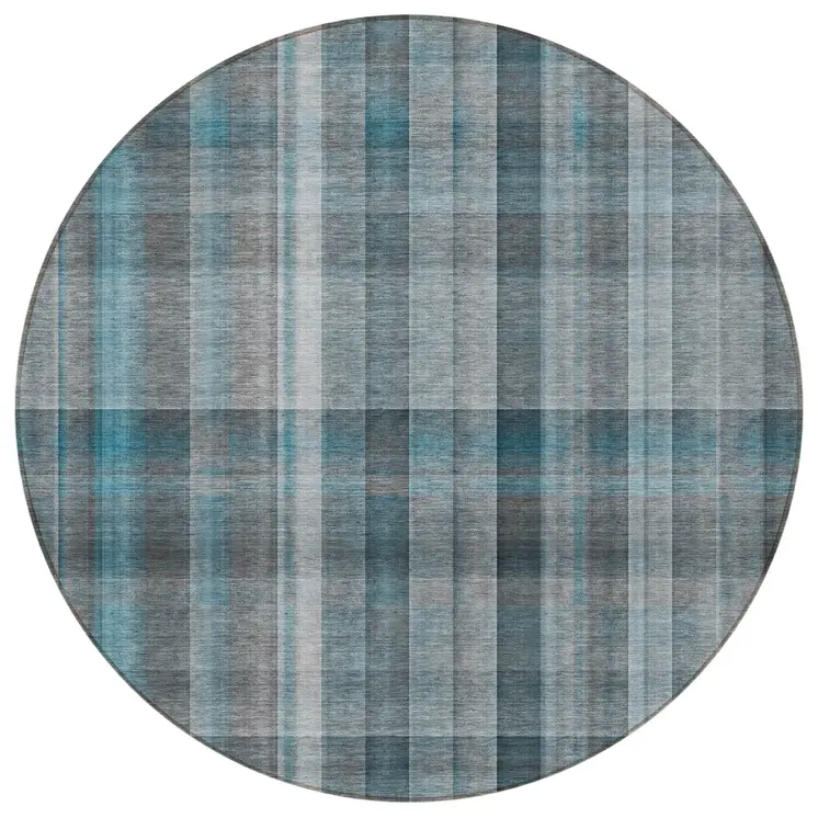 8' Round Teal Round Plaid Washable Non Skid Indoor Outdoor Area Rug