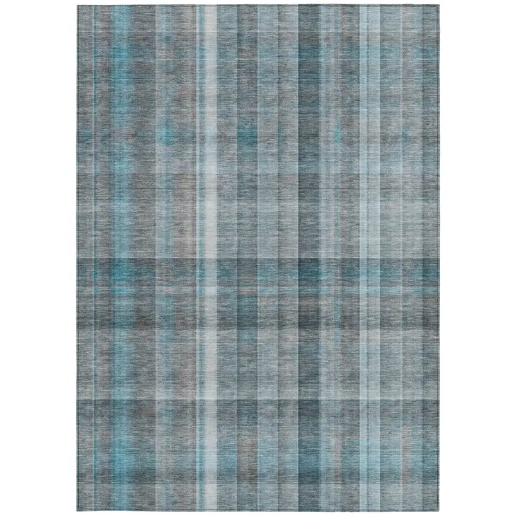 9' X 12' Teal Plaid Washable Non Skid Indoor Outdoor Area Rug