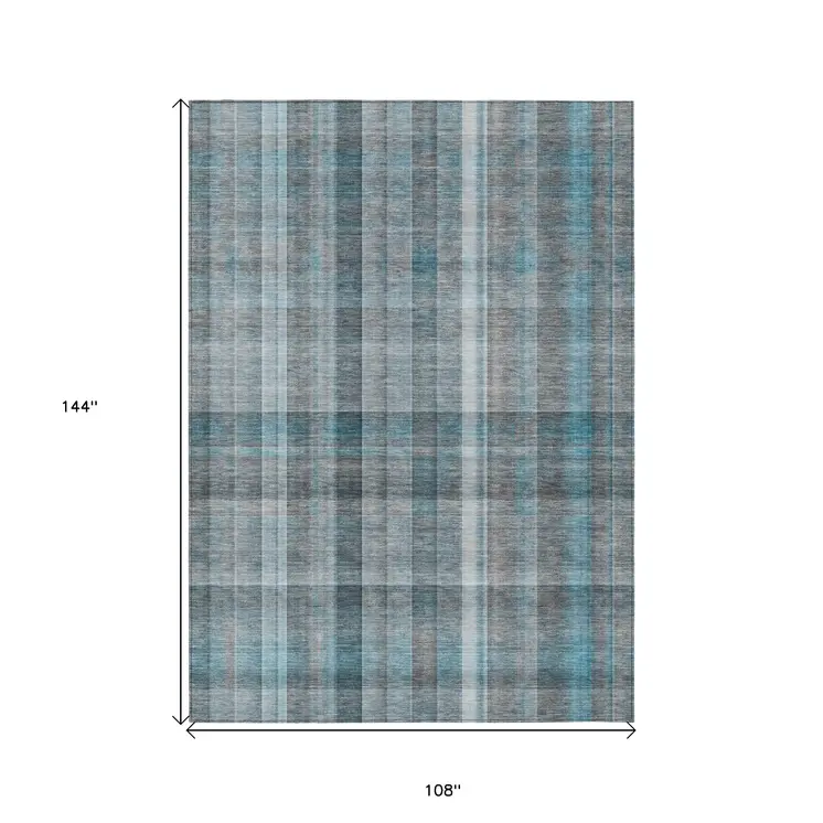 9' X 12' Teal Plaid Washable Non Skid Indoor Outdoor Area Rug