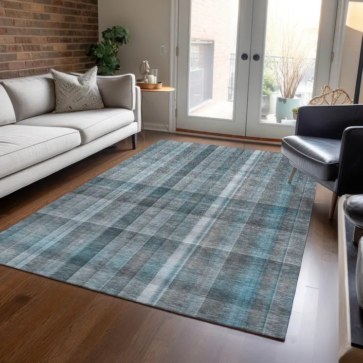 9' X 12' Teal Plaid Washable Non Skid Indoor Outdoor Area Rug