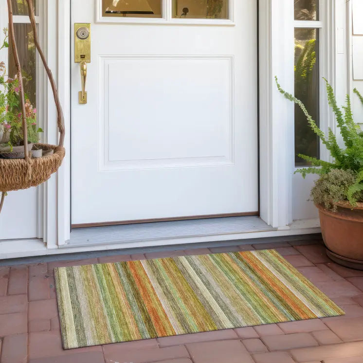 2' X 3' Artichoke Green Striped Washable Non Skid Indoor Outdoor Area Rug