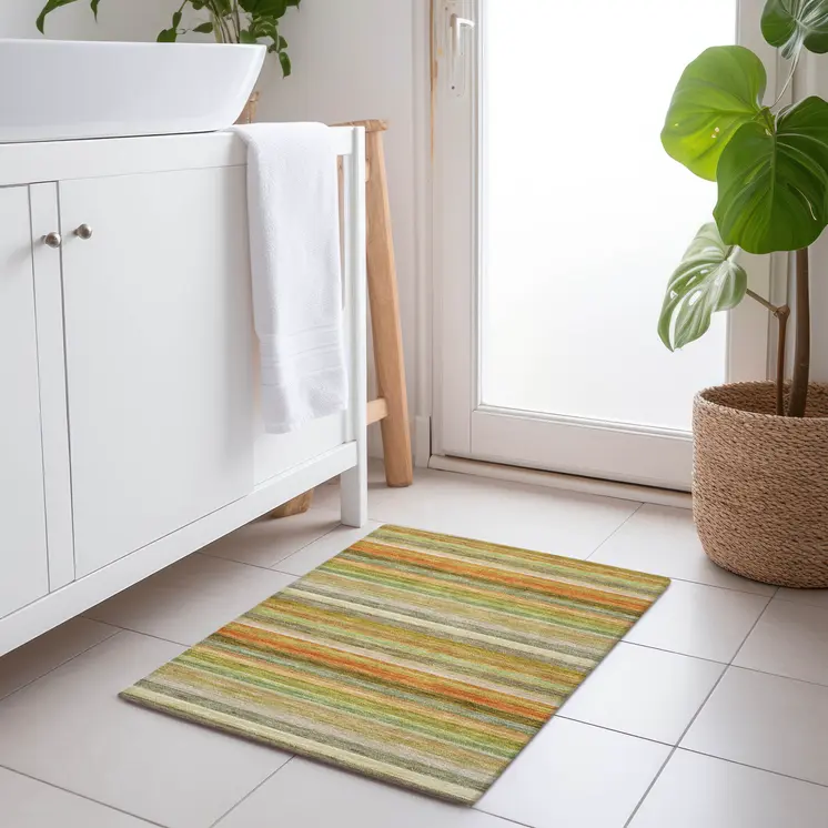 2' X 3' Artichoke Green Striped Washable Non Skid Indoor Outdoor Area Rug