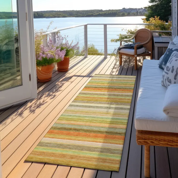 2' X 8' Artichoke Green Striped Washable Non Skid Indoor Outdoor Runner Rug