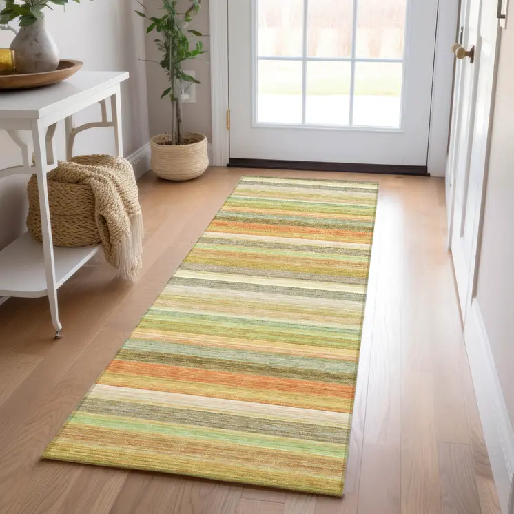 2' X 8' Artichoke Green Striped Washable Non Skid Indoor Outdoor Runner Rug