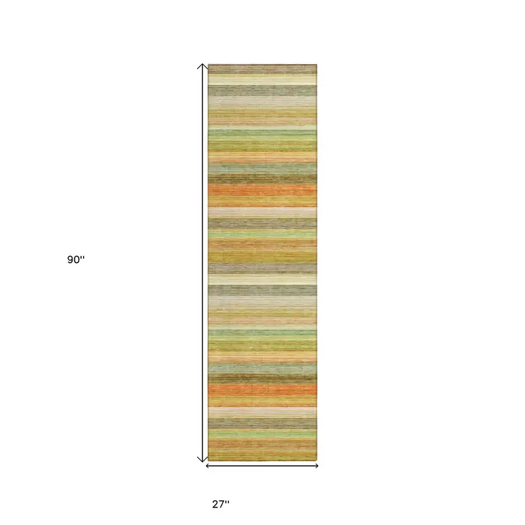 2' X 8' Artichoke Green Striped Washable Non Skid Indoor Outdoor Runner Rug