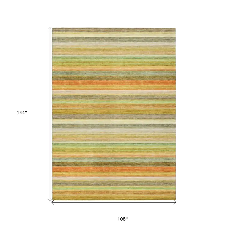 9' X 12' Artichoke Green Striped Washable Non Skid Indoor Outdoor Area Rug