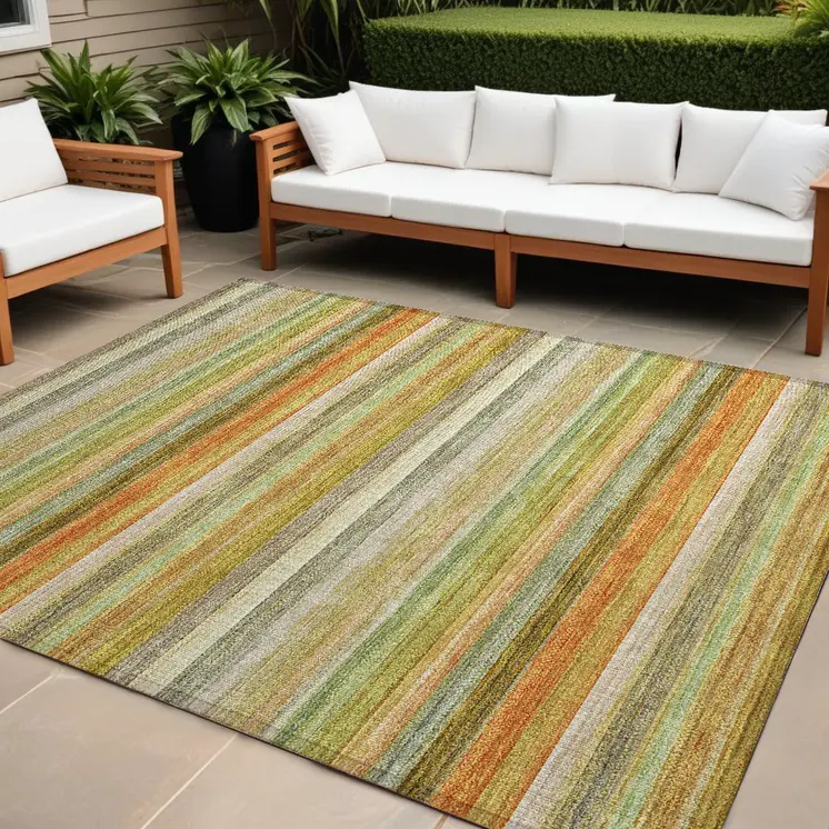 9' X 12' Artichoke Green Striped Washable Non Skid Indoor Outdoor Area Rug