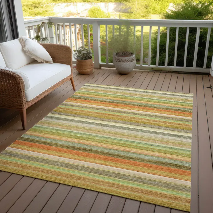 9' X 12' Artichoke Green Striped Washable Non Skid Indoor Outdoor Area Rug